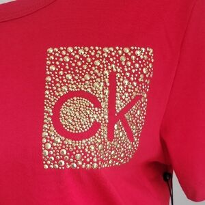 Calvin Klein Red Pocket Tee Dress W/gold Embellishments Cotton